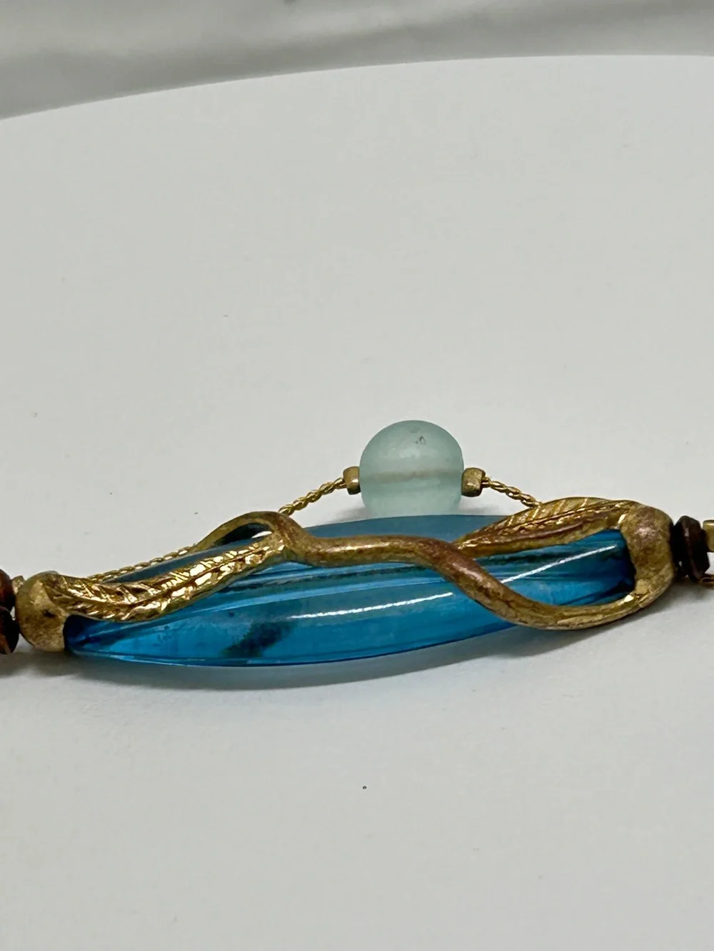 Vintage, Gold And Caged Clear Blue Lucite Beaded Long Necklace, 90’s